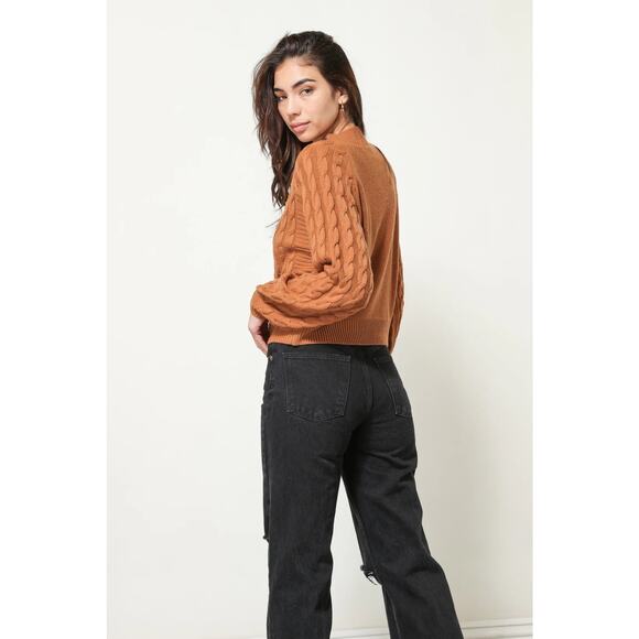 Line & Dot Brown Cable Knit Mock Neck Long Sleeve Pullover Sweater Top Size S - Picture 2 of 9